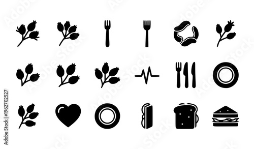 Organic Food and Nature Icon Set with Leaves, Cutlery, Bread, Sandwich, Plate, Heart Symbol, and Healthy Lifestyle Elements for Restaurant and Eco Design