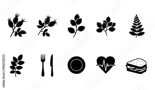 Food and Nature Icon Set with Leaves, Botanical Elements, Sandwich, Cutlery, Plate, Heartbeat Symbol, and Organic Food Concepts for Restaurant and Healthy Lifestyle Design