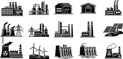 Vector set of black silhouettes of construction workers on scaffolding, featuring builders in hard hats performing industrial maintenance and engineering