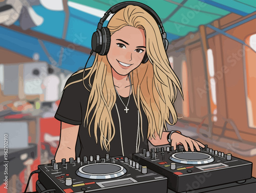 Female DJ plays music in a lively setting with colorful lights and a crowd enjoying the performance during an outdoor event