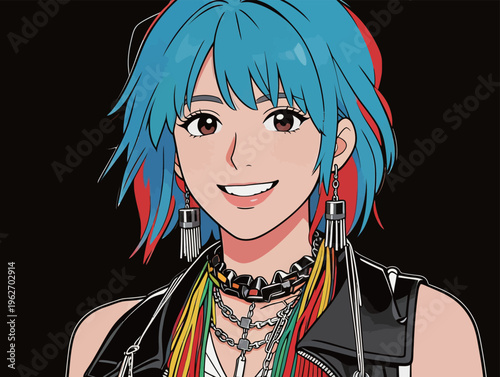 Person with blue and red hair wearing a black jacket and necklaces, smiling while showcasing a vibrant style in digital art