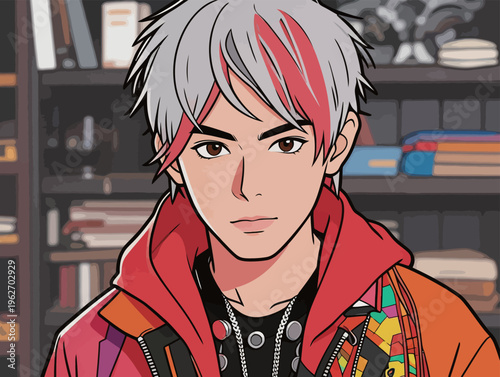 Young person with stylish hair and colorful clothing stands indoors beside bookshelves, looking straight at the viewer with a serious expression