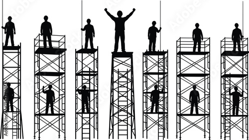 Vector silhouettes of construction workers on scaffolding set, featuring builders, engineers, and laborers on high structures for industrial development projects