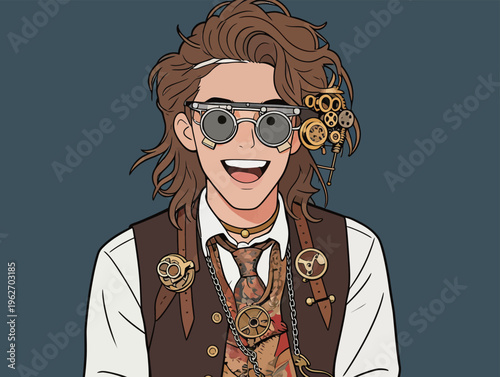 Person wearing goggles and unique clothing with gears, smiling widely in a stylized art piece featuring steampunk elements