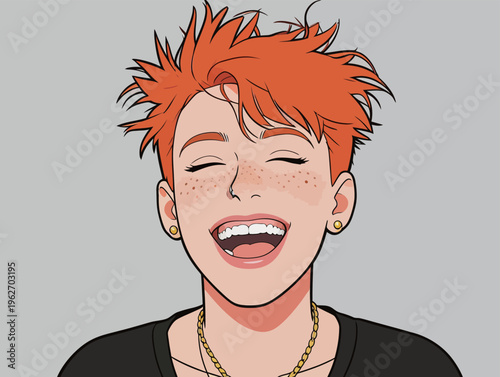 Person with orange hair smiling widely with freckles, showing joy in a simple background during daytime