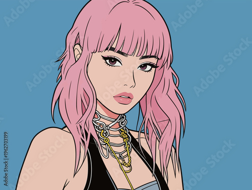 Young woman with pink hair and accessories looks at the viewer against a blue background while expressing confidence and style