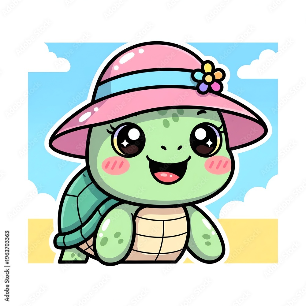 Obraz premium Cute cartoon turtle wearing a pink hat on the beach.