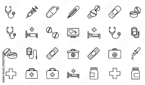 Healthcare and Medical Line Icon Set with Stethoscope, Syringes, Pills, Hospital Beds, First Aid Kits, Medicine Bottles, and Clinical Equipment for Pharmacy Design