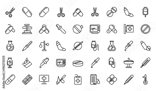 Medical and Healthcare Line Icon Set with Surgical Tools, Pills, Syringes, Scissors, IV Drip, Bandages, and Clinical Equipment for Hospital and Pharmacy Design