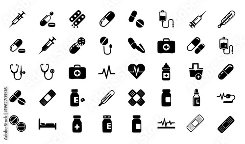 Healthcare and Medical Icon Set with Pills, Capsules, Syringes, Stethoscope, Heartbeat Monitor, First Aid Kit, and Clinical Equipment for Hospital and Pharmacy Design