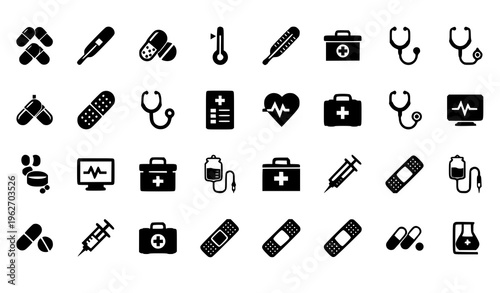 Comprehensive Medical and Healthcare Icon Set with Stethoscope, Syringes, Pills, Thermometer, ECG Monitor, First Aid Kit, and Hospital Equipment for Clinical Design