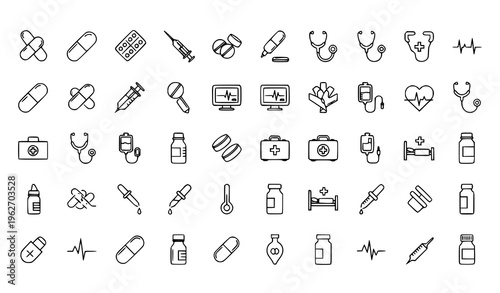 Healthcare and Medical Line Icon Set with Pills, Syringes, Stethoscope, ECG Monitor, Bandages, Medicine Bottles, and Clinical Equipment for Hospital and Pharmacy Design
