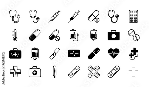Medical and Healthcare Icon Set with Stethoscope, Syringes, Pills, Thermometer, First Aid Kit, Heartbeat Symbols, and Clinical Equipment for Hospital and Pharmacy Design