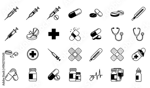 Healthcare and Medical Icon Set with Syringes, Pills, Capsules, Stethoscope, Cross Symbols, Medicine Bottles, and Clinical Elements for Hospital and Pharmacy Design