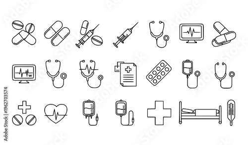 Modern Healthcare Line Icon Set with Medical Equipment, Stethoscope, Syringes, Pills, ECG Monitor, Hospital Symbols, and Clinical Elements for Medical Design
