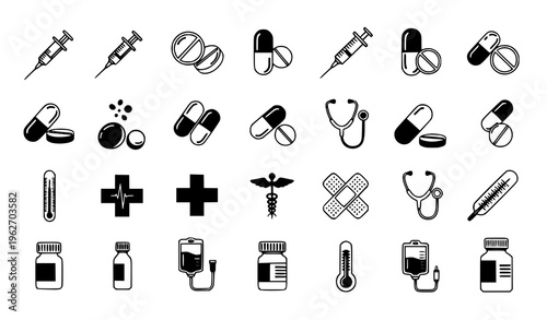 Comprehensive Medical Icon Set with Syringes, Pills, Capsules, Stethoscope, Thermometer, Cross Symbols, and Healthcare Elements for Pharmacy and Clinical Design
