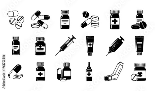 Healthcare and Medicine Icon Set with Pills, Capsules, Syringes, Bottles, Ointments, and Pharmaceutical Symbols for Medical Treatment, Pharmacy, and Clinical Design Use