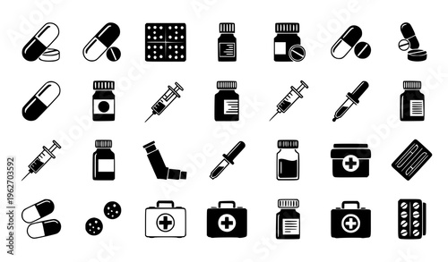 Medical Drug and Healthcare Icon Set with Pills, Capsules, Syringes, Medicine Bottles, Blister Packs, and Treatment Symbols for Pharmacy and Clinical Use