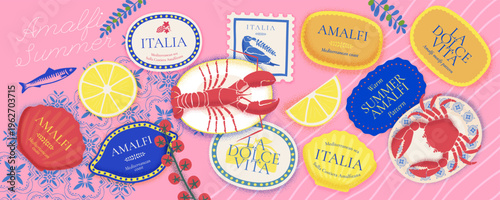 Italian summer stickers on Mediterranean tiles and lemons. Italy seafood element set for retro posters, cards and coastal designs. Italian text translation: Sweet life, Summer in Italy on Amalfi Coast