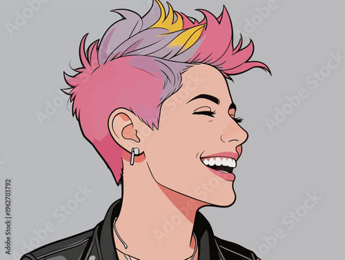 Young person smiles with short colorful hair while wearing a black jacket and showing piercings in a simple background