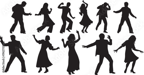 Silhouettes of people dancing in various dynamic poses together