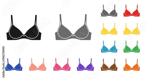 Collection of various colored women's bras, including black, grey, red, yellow, blue, green, peach, pink, purple, brown, and orange lingerie.