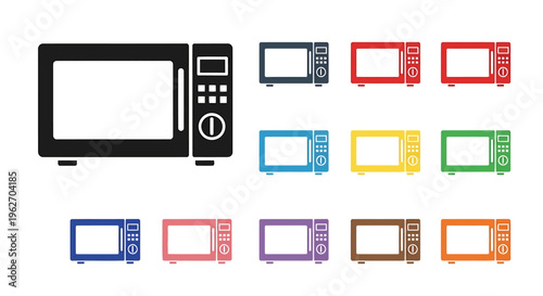 A collection of microwave oven icons in various colors, including black, red, blue, yellow, green, purple, pink, brown, and orange, on a white background.
