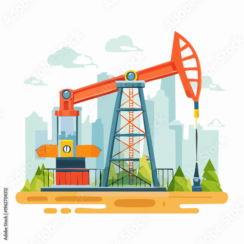 Oil pumpjack drilling in an urban landscape - energy industry