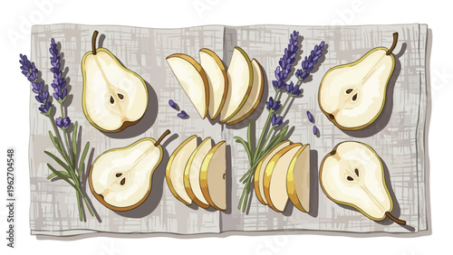 Fresh Pear Slices & Lavender Flat Lay Food Photography for Culinary Marketing