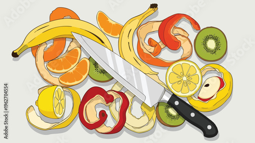 Fresh Fruit Peels & Knife for Healthy Food Prep & Cooking Concepts