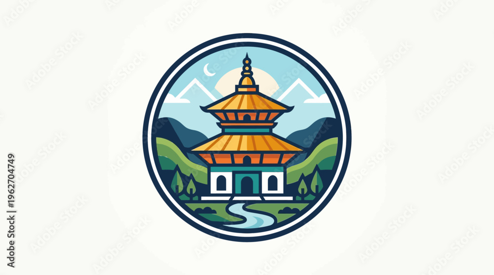 Fototapeta premium Nepalese Temple Badge with Mountain Landscape