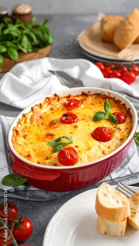 Baked pasta dish with tomatoes and basil served with bread on a table setting