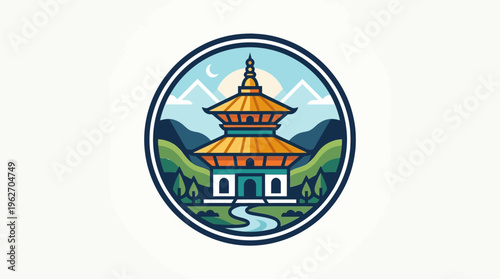 Nepalese Temple Badge with Mountain Landscape