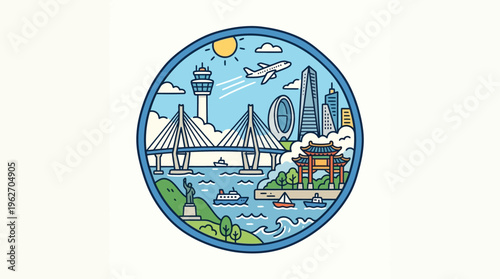 Hong Kong Travel Icon Cityscape in a Blue Circle