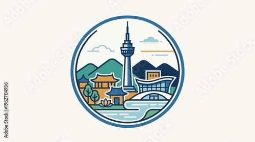 Kyoto Japan Landmark Skyline in Circular Badge