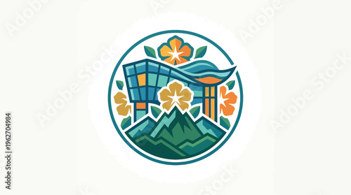 Modern Architectural Logo with Floral and Mountain Elements