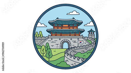 Korean Fortress Gate in Round Frame