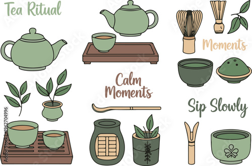 Calm Matcha Tea Ceremony Zen Ritual Lifestyle, Illustration Cartoon Collection