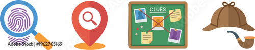 Detective Icons Including Magnifying Glass, Clue Board, and Hat.