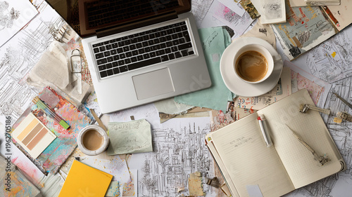 Creative chaos: Overhead flat lay view of a messy designer desk with laptop, sketchbooks, art supplies and coffee.