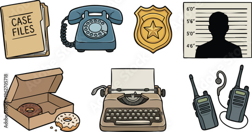 Police and Detective Investigation Icons Set on White Background.