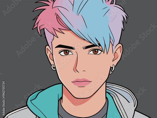 Young person with colorful hair wearing a blue hoodie and gray jacket posing against a plain background