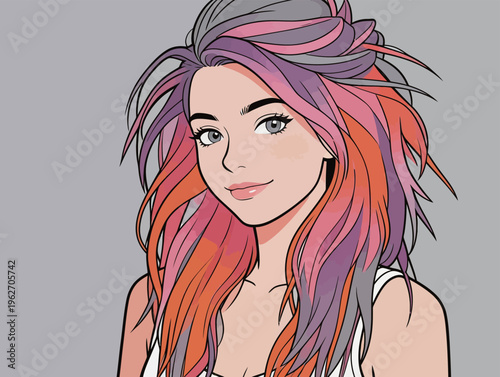 Young woman with colorful hair looks at the viewer with confidence in a simple setting