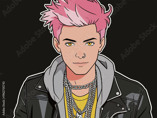 Young person with pink hair and layered clothing poses against a dark background while showing a confident expression
