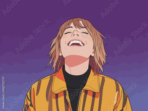 Young person smiles widely in a colorful jacket against a purple background during an expressive moment of happiness