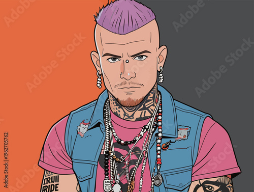 Person with pink hair wearing jewelry and denim vest poses against orange and gray background