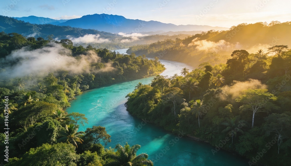 Naklejka premium Aerial view of a winding turquoise river flowing through a lush, green forest with misty mountains in the background at sunrise