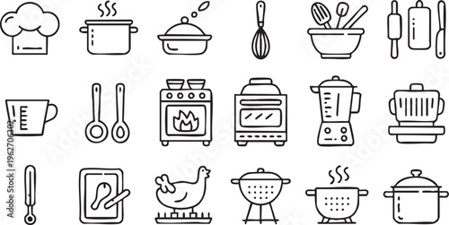 Cooking And Kitchen Utensil Icons With Food Preparation Equipment