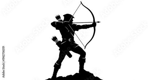 Silhouette of a warrior archer aiming a bow and arrow on a cliff