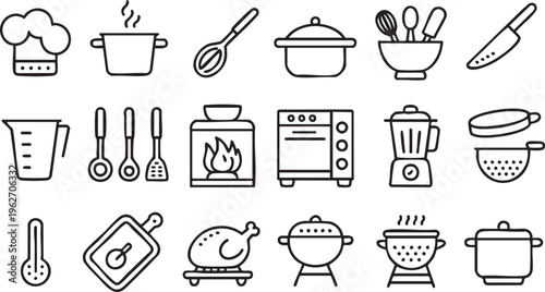 Kitchen Equipment Icons With Cooking Tools And Food Preparation